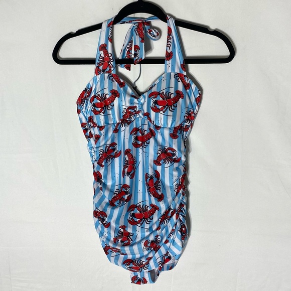 Sourpuss Other - Sourpuss Blue White Striped Red Lobster Print One Piece Swimsuit Bathing Suit S